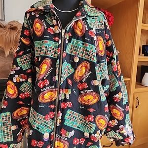 Zip Up Bomber Jacket Large VTG 80s Colorful Playing Cards Casino Cruise Pockets